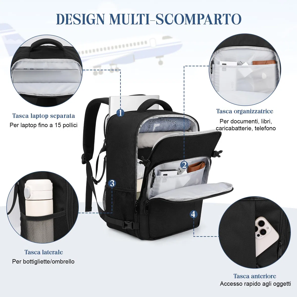 VSNOON per Nuove Zaino Ryanair 40x30x20, 24L Zaino da Viaggio Bagaglio a Mano Con Tasca Bagnata, Impermeabile Zaino per 15.6 pc portatile per Ryanair, Wizz Air, ITA Airways, Vueling, Nero