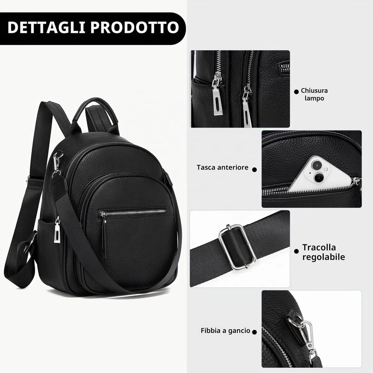 Miss Lulu Zaino Donna, Borsa a Tracolla Donna, Pelle PU, Nero, Media | Impermeabile, Tracolla Rimovibile, Tasca Antifurto, Stile Semplice, Elegante, per Viaggi, Lavoro e Passeggiate