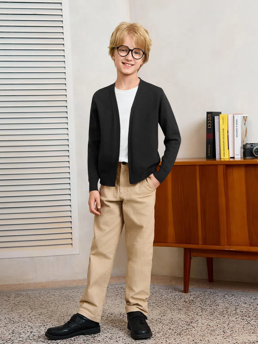 Haloumoning Cardigan per uniforme scolastica per bambini, lavorato a maglia, aperto sul davanti, a maniche lunghe, 5-14 anni