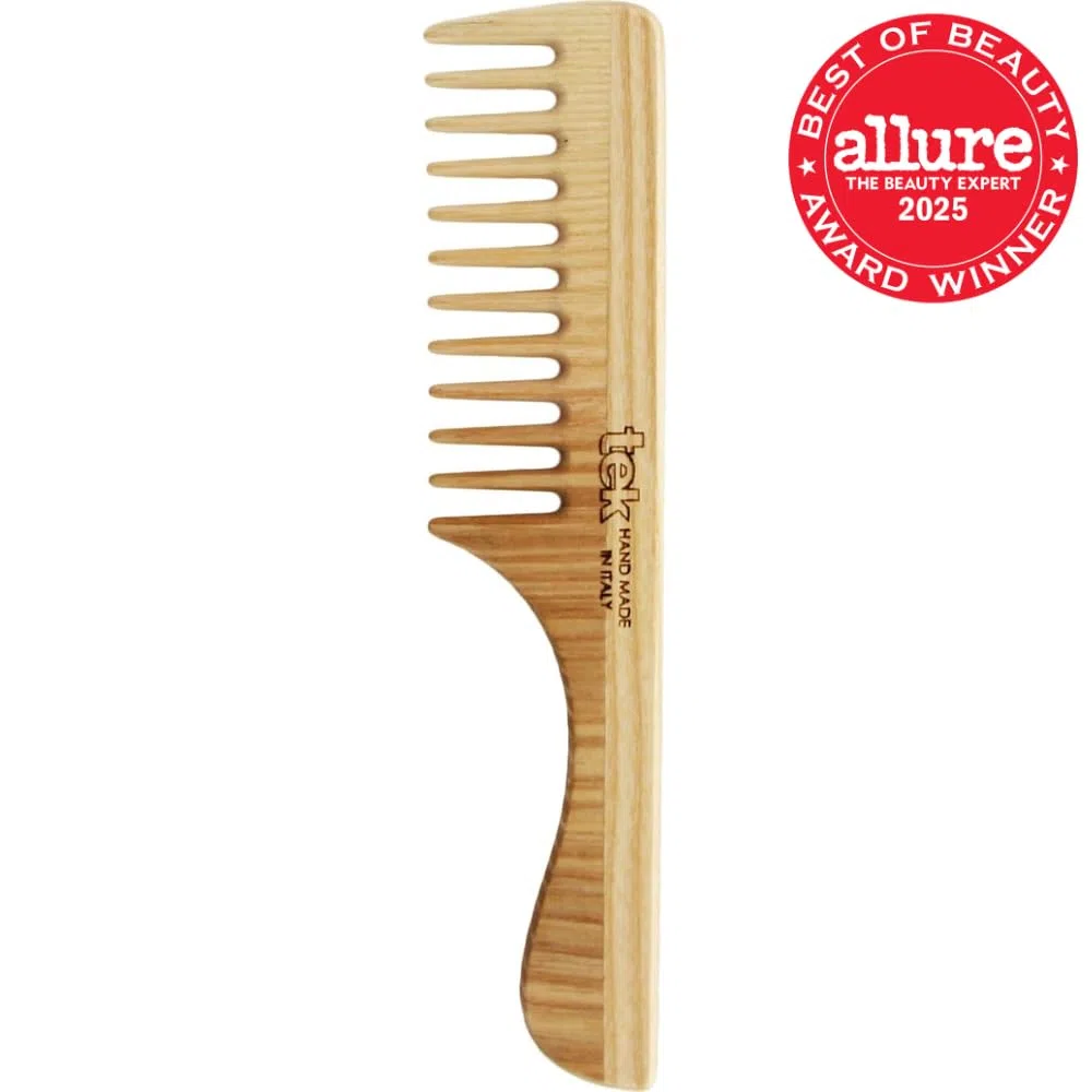 TEK - Pettine a Denti Radi con Manico in Legno di Frassino, Handmade in Italy, per Capelli Normali, Ricci o Mossi, Districante
