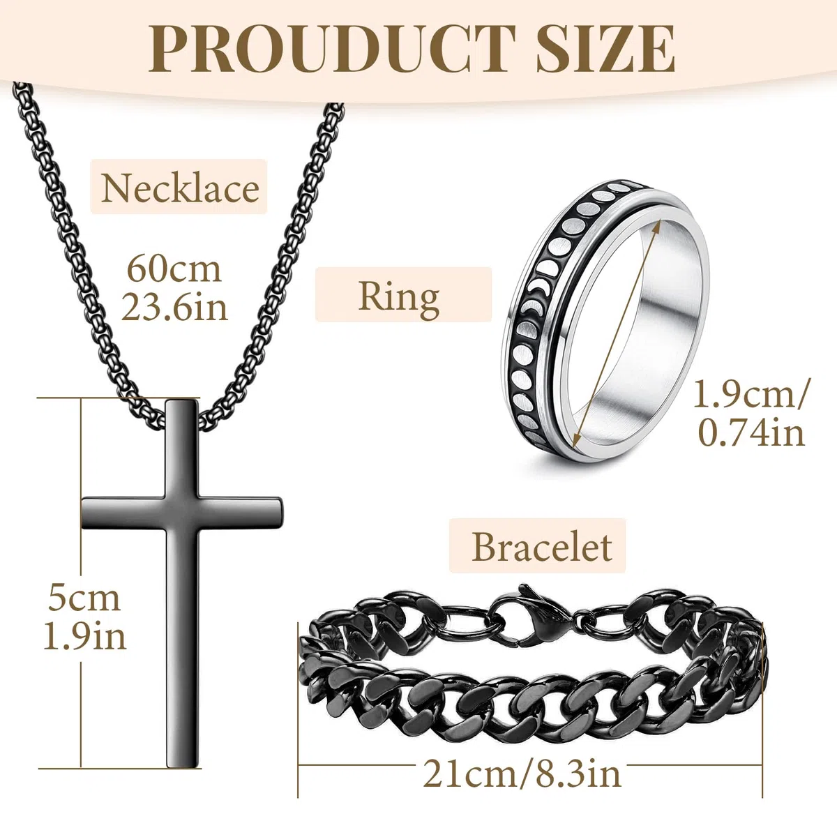 3 Pezzi Set di gioielli da uomo Collana con ciondolo a croce in acciaio inox Bracciale a catena cubano anello rotante Regali per uomini ragazzi