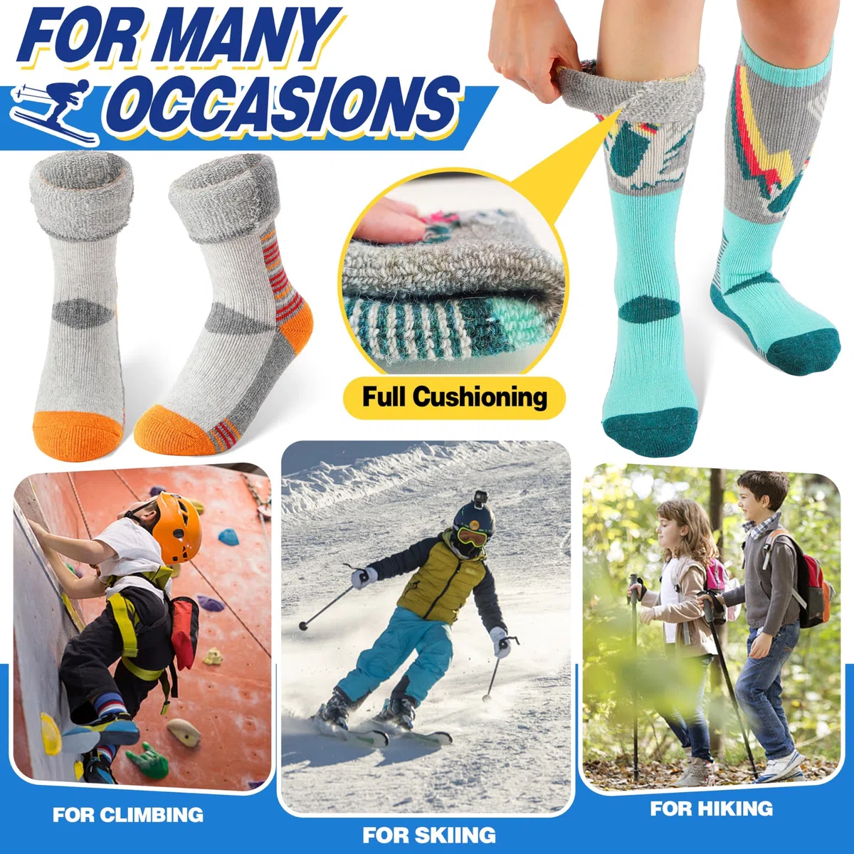 ANTSANG Calze Termiche Bambini Lana Merino per Sci Ragazzi Ragazze Inverno Calde Spesse Alte al Ginocchio per Sciare Snowboard 3 Paia