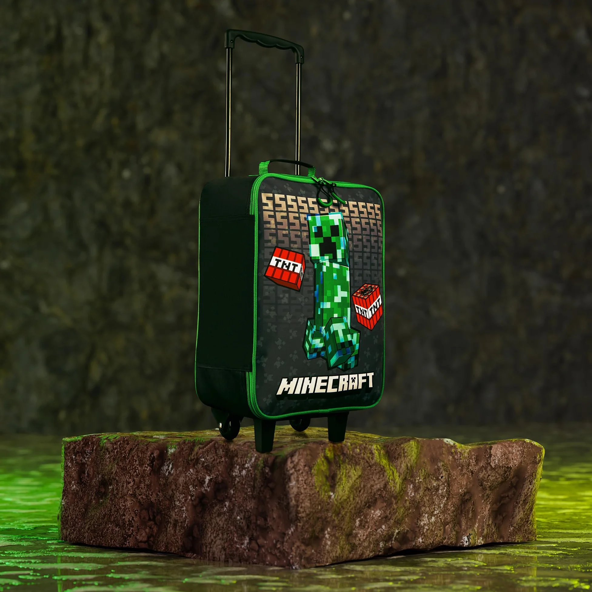 Minecraft Valigia Bambino con Ruote Creeper Pieghevole Trolley da Viaggio Morbido Valigie Bambini Accessori Viaggio, 46x30x18cm, 15L (L46cm x W30cm - 15L, Nero)
