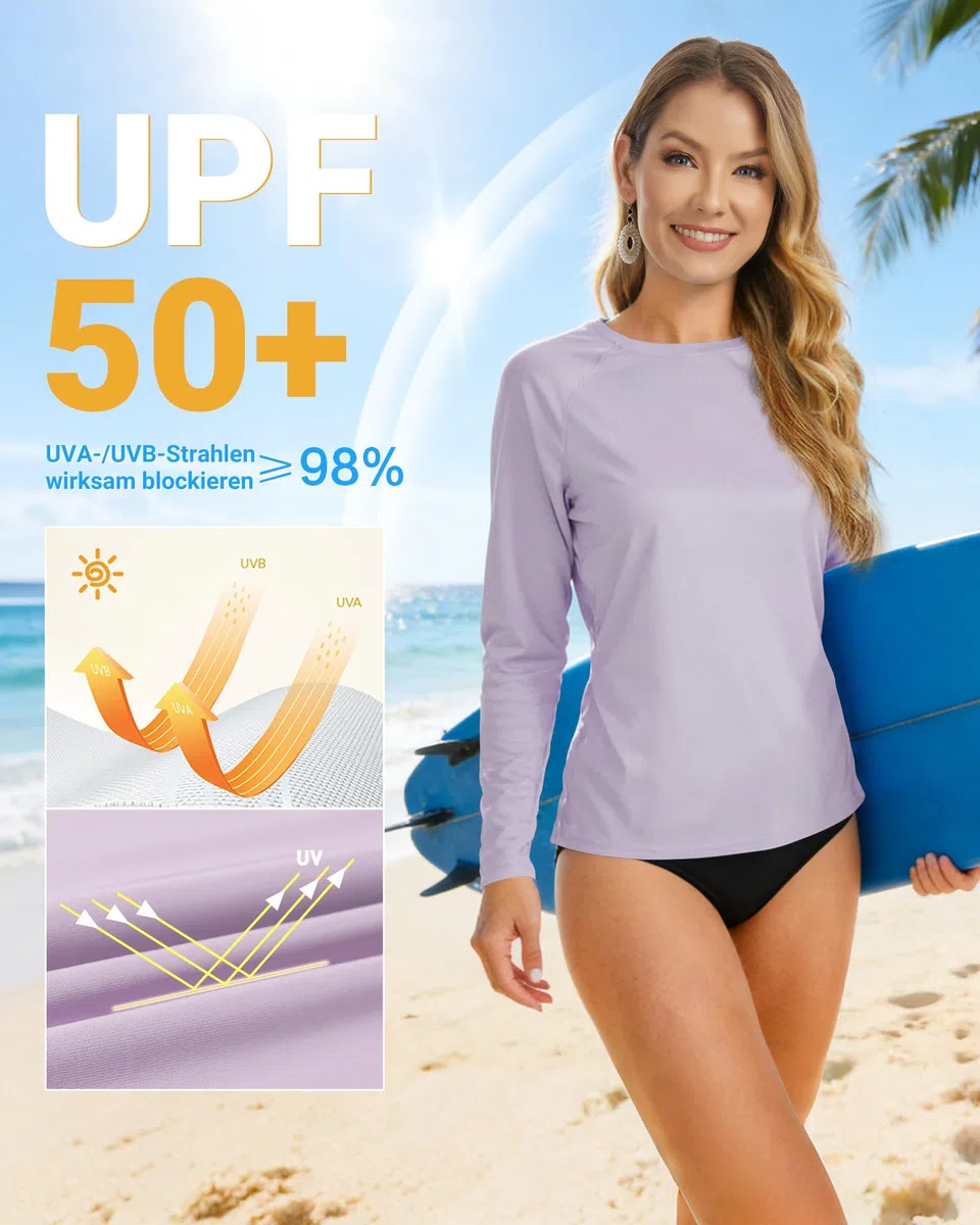 MEETYOO Maglietta a Maniche Lunghe UPF 50+, da Donna e Rash Guard, Traspirante, Delicata sulla Pelle, Asciugatura Rapida, con Cuciture rinforzate, Ideale per Surf, Canottaggio e Fitness