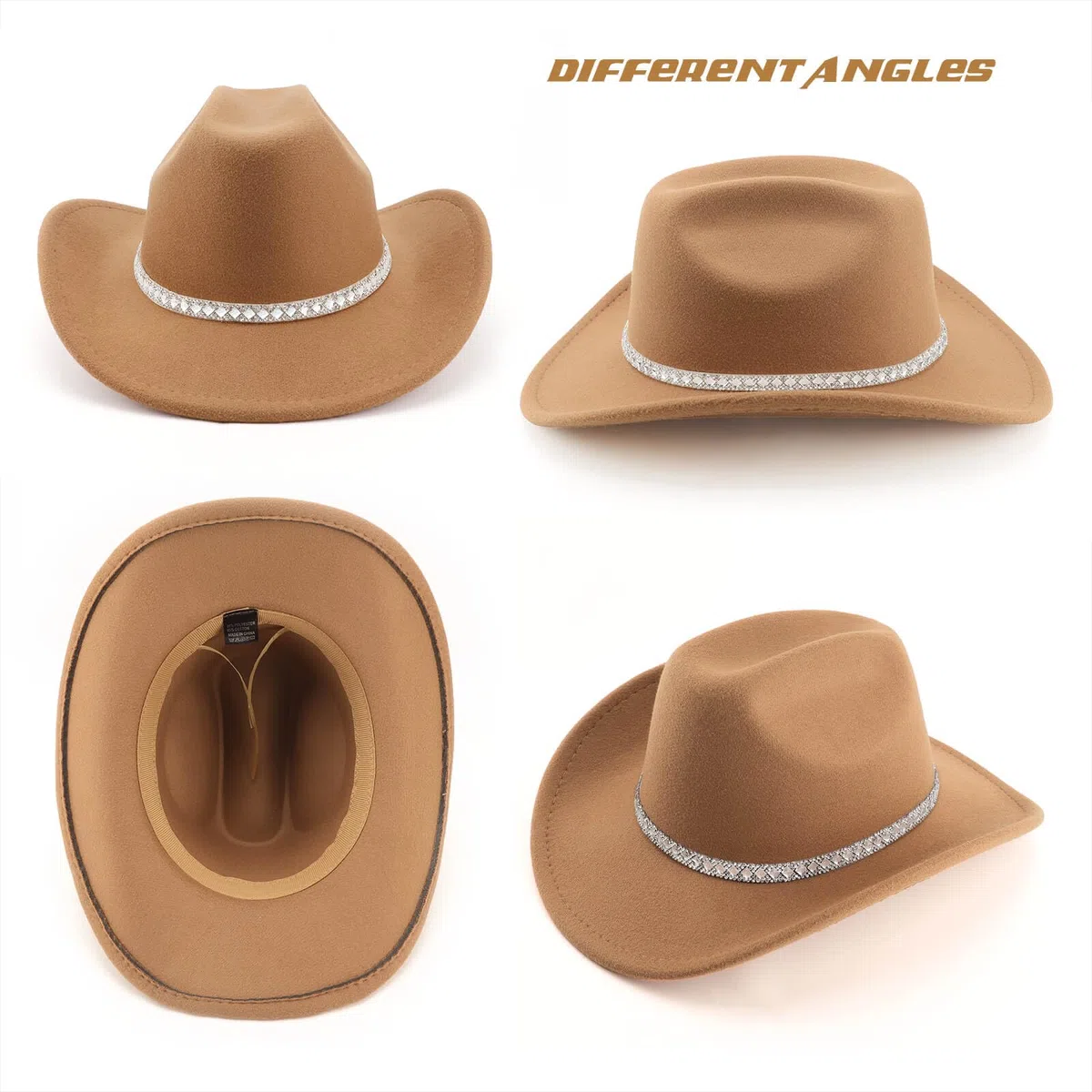 DRESHOW Cappello da Cowboy Donna e Uomo Cappelli Western da Cowboy e Cowgirl a Tesa Larga con Scintillante Strass Cappelli Fedora in Feltro Arrotolati Unisex