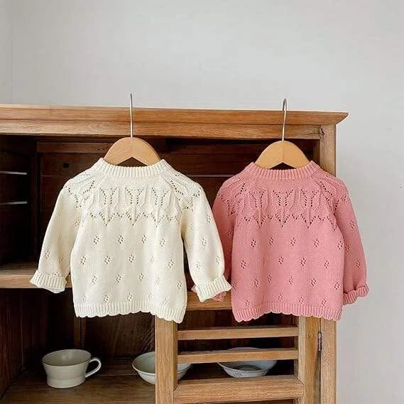 Cardigan Bambina - Maglia Cotone Manica Lunga Scollo Tondo Bottoni Maglia Jacquard - Cappottino Primavera Autunno per Neonate 3M-3 Anni