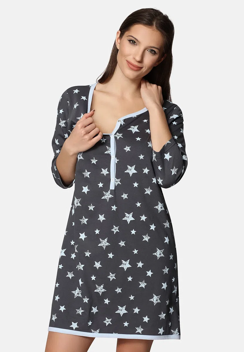 Be Mammy Camicia da Notte Premaman Funzione Allattamento BE20-176 (Grafite Stelle Blu, XL)