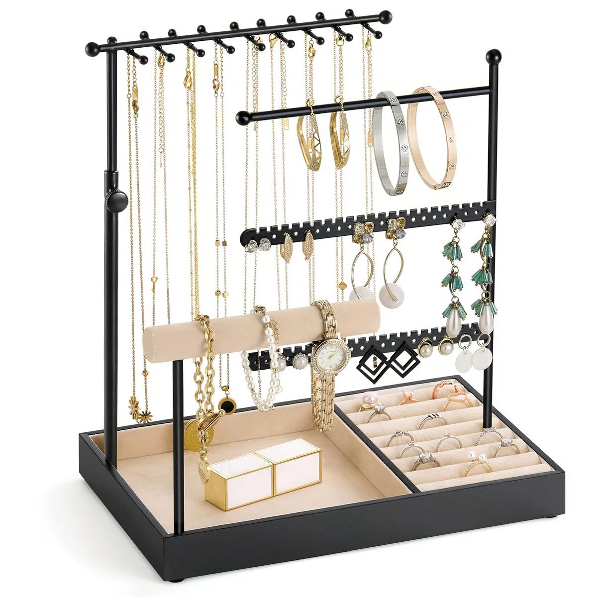 Emibele Portagioielli, Stand Organizzatore Gioielli Porta Collane Orecchini Bracciali, 5 Livelli Torre Espositiva Gioielli Rack con Vassoio Anelli in Velluto, Estetico Portagioielli Regalo, Nero