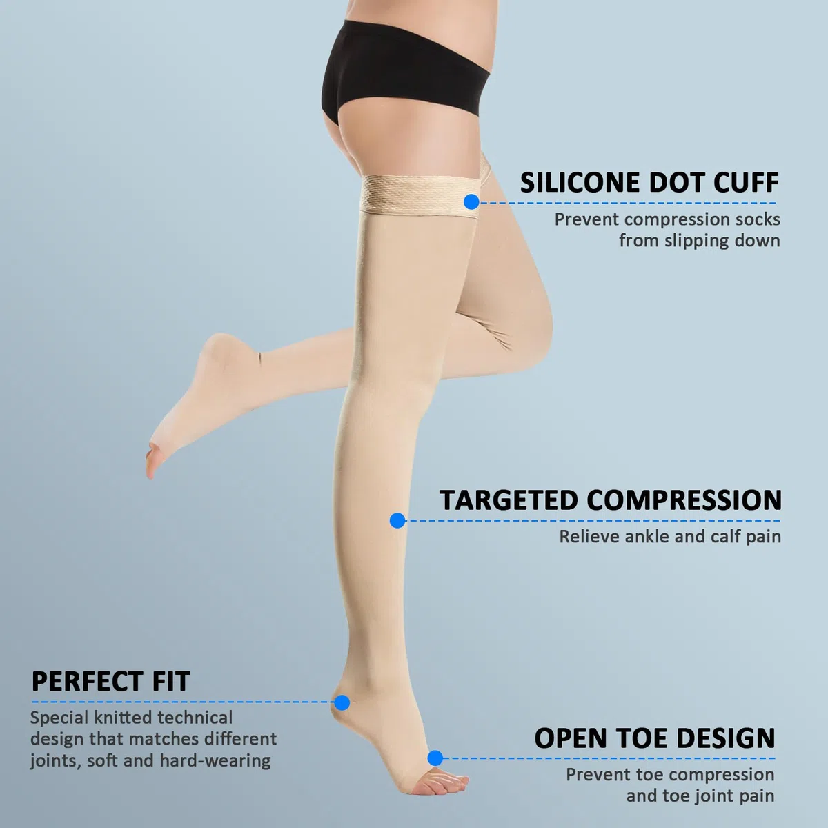 Calze a compressione mediche da uomo e da donna, 20 – 30 mmHg, supporto graduato, calze a compressione edema, senza piede, con cinturino in silicone