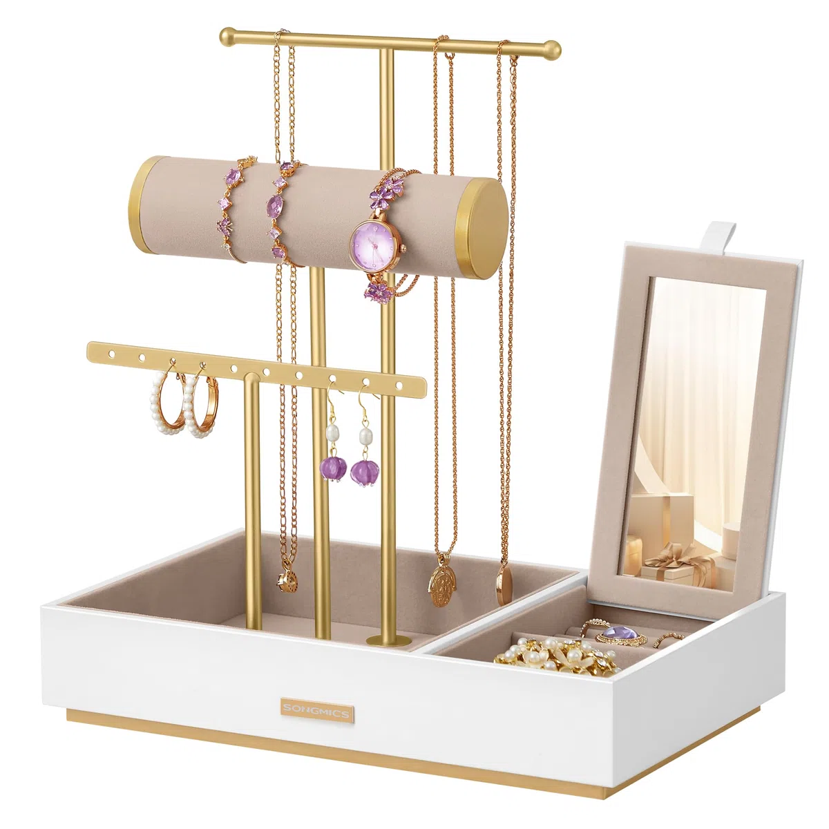 SONGMICS Espositore Portagioie, Porta Collane e Orecchini, Supporto per Gioielli in Metallo, Porta Bracciali e Anelli, Idea Regalo, Bianco e Dorato JJS022W01