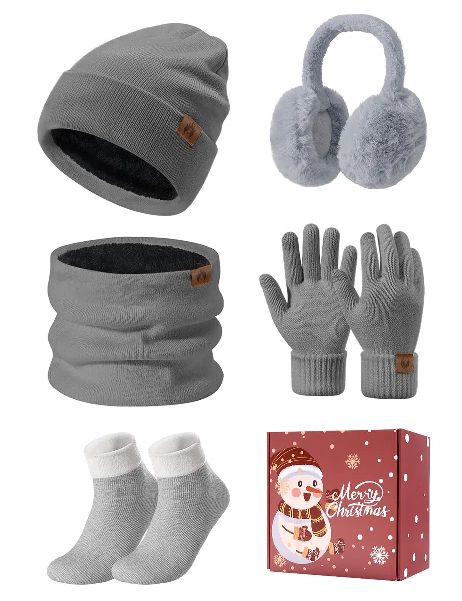 Donna Inverno Cappello Sciarpa e Touchscreen Guanti Set Caldo Scaldacollo Foderato Pile Berretto Sciarpa a Maglia Scaldaorecchie in Peluche Calze 5 Pezzi per Invernali Sport Sci all'aperto