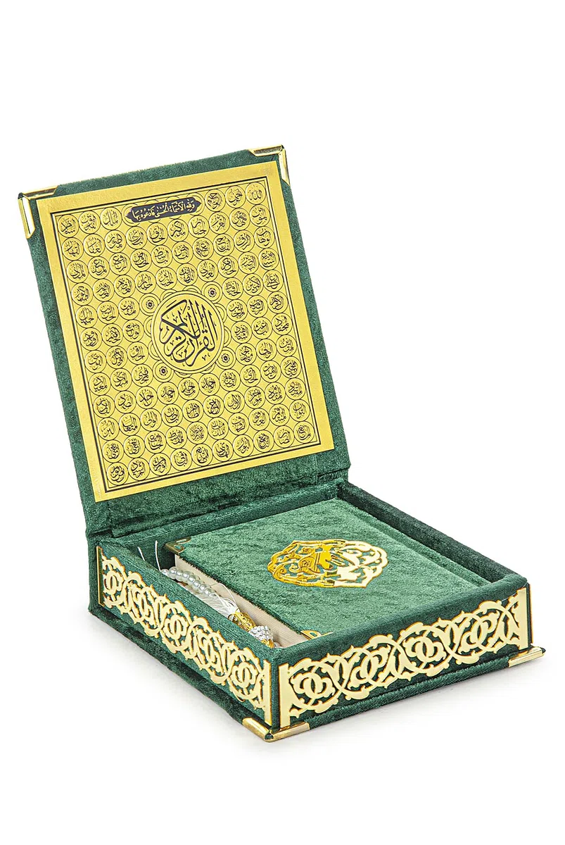 ihvan online, Il Set del Sacro Corano, Scatola Regalo di Preghiera Islamica con Corano in Velluto di Tasca, Tesbih, Coperchio Interno con Nomi di Allah (Asmaul Husna), 3 Pezzi per Regali di Ramadan ed