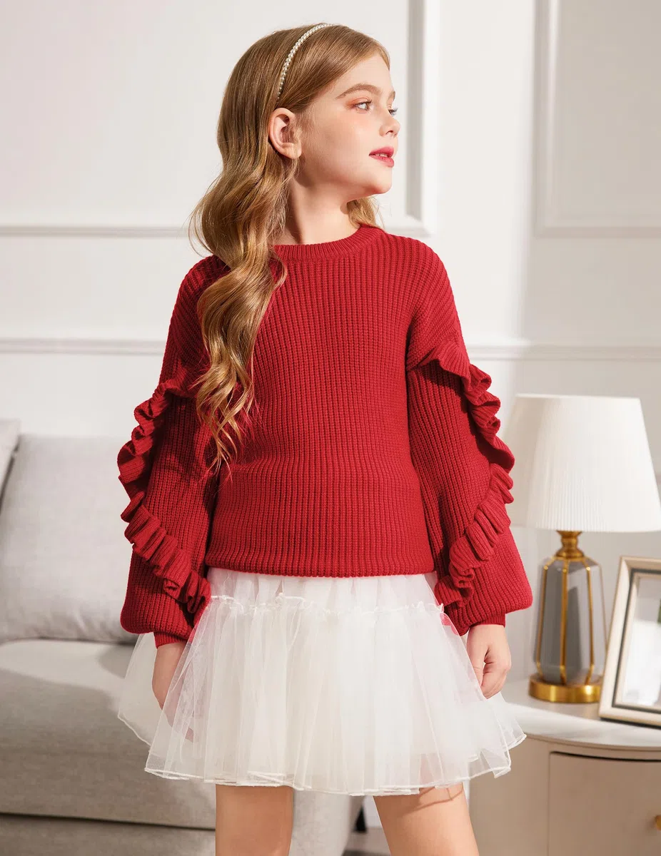 Arshiner Ragazze Maglione Maniche a Lanterna Bambini Caldo Lavorato Collo Rotondo Casual Autunno Inverno Manica Lunga per Ragazza 7-14 Anni