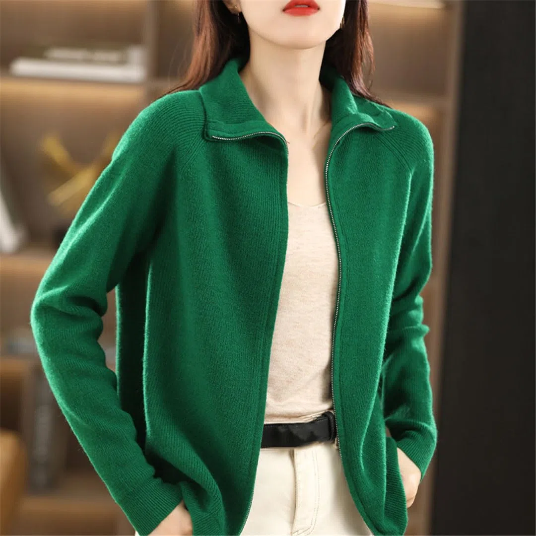 Ownwfeat Maglione di Lana da Donna Doppia Cerniera Cardigan con Risvolto Inferiore Giacca da Donna in Maglia Casual