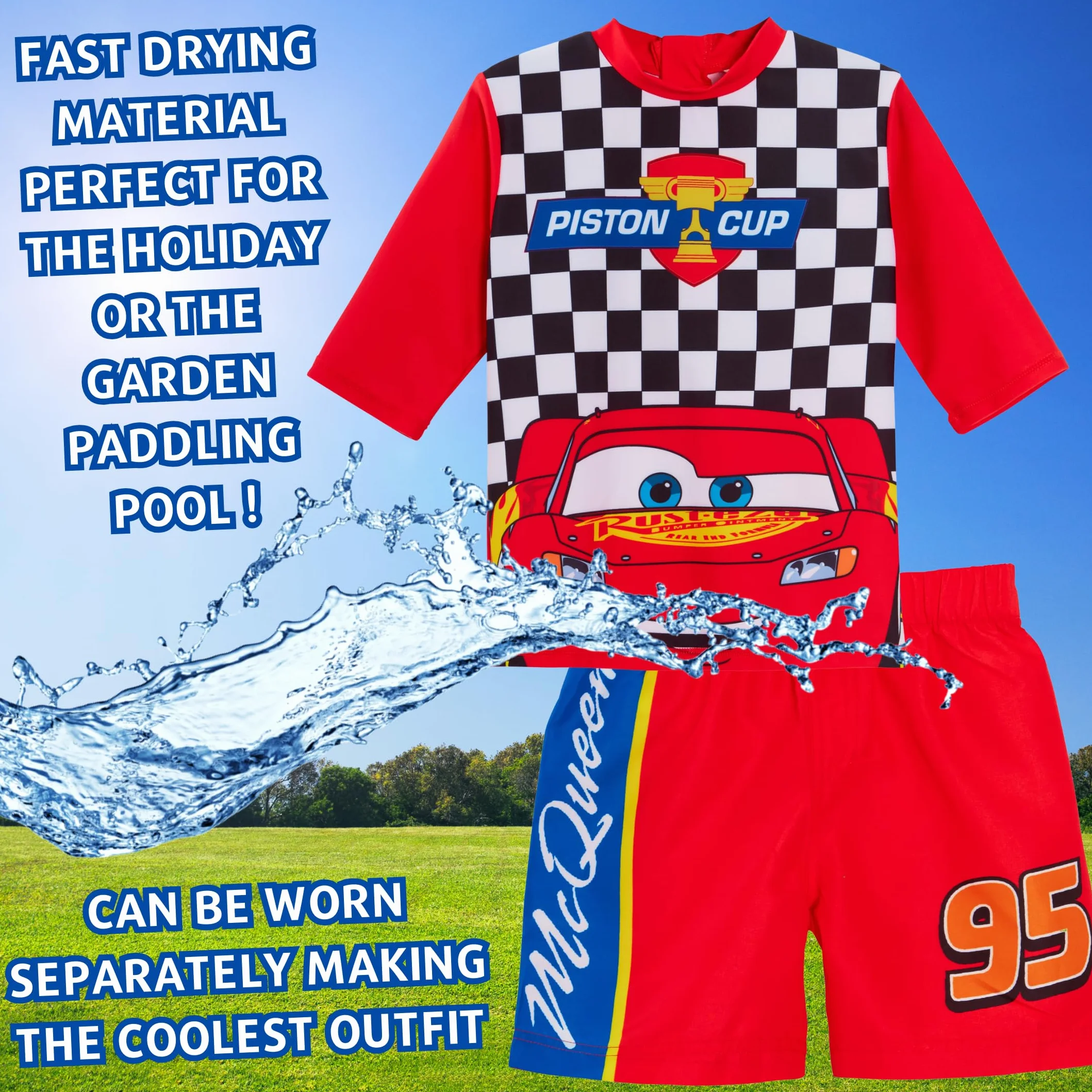 Disney Pantaloncini da Bagno per Ragazzi Cars + Rash Vest Lighting McQueen Set da Bagno in 2 Pezzi Top da Surf per Bambini + Pantaloncini da Surf Set da Nuoto
