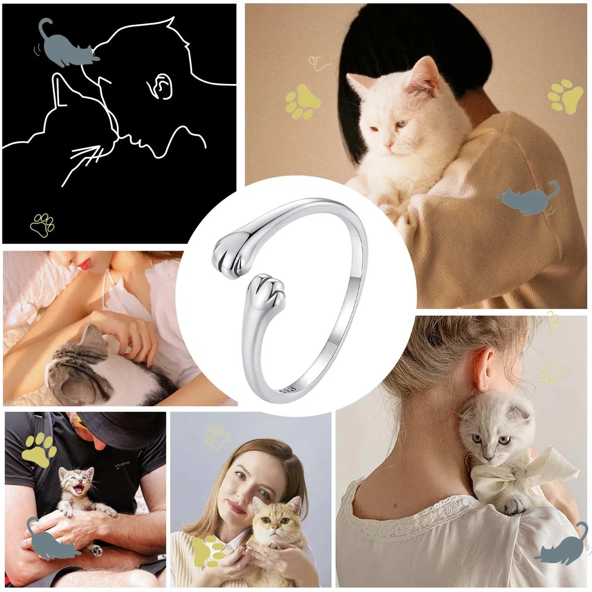 Qings Anelli Abbraccio di Gatto per Donna, Anello di Zampa di Gatti Argento 925 Anelli Regolabile Aperto Animale Coccola, Carino Gioielli Regalo di Compleanno per Ragazza e gli Amanti dei Animali