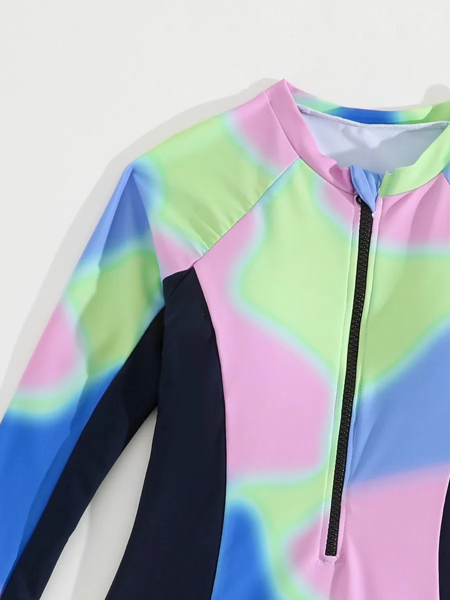 JiAmy Costume da Bagno Ragazza 2 Pezzi - Maglia Manica Lunga Anti-UV con Pantaloncini, Stampa Tie-Dye per Adolescenti 8-13 Anni
