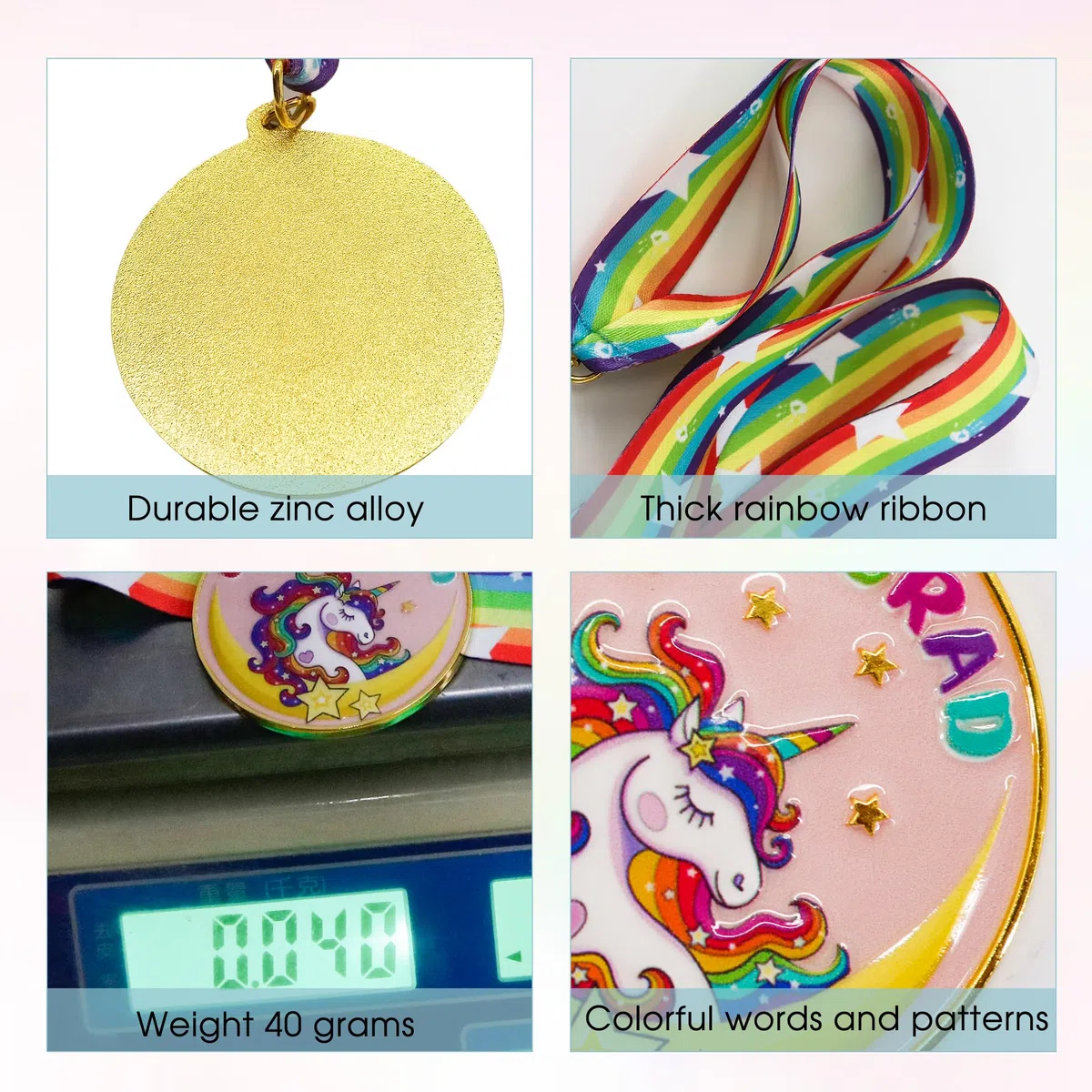 GraduatePro Medaglia di laurea per la scuola materna con nastro arcobaleno per il collo, medaglione premio per bambini studenti unicorno decorazione per feste regalo di laurea 5 cm