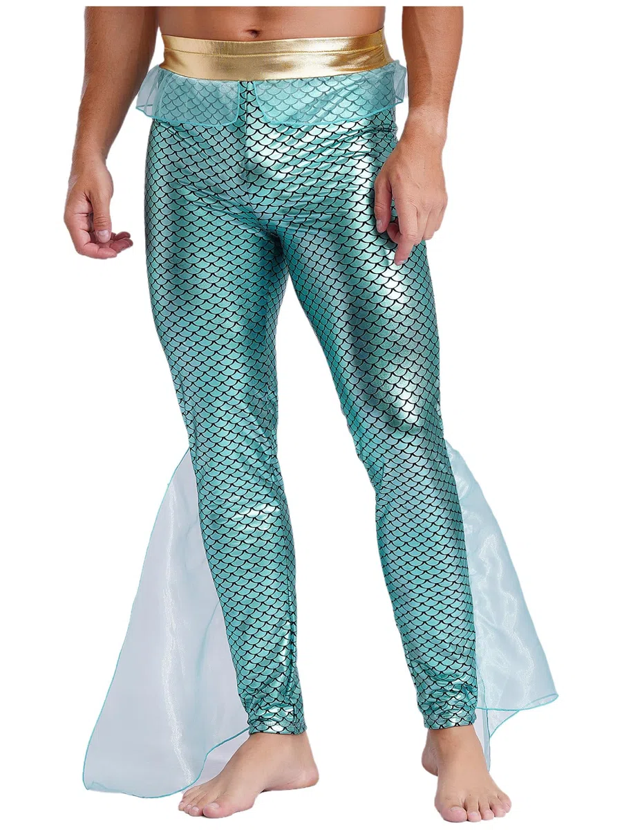 Costume Sirena Uomo con Stampa Squame Pesce Pantaloni Metallici Leggings Lucenti Pantaloni Ballo Costume Cosplay Carnevale E Fasching