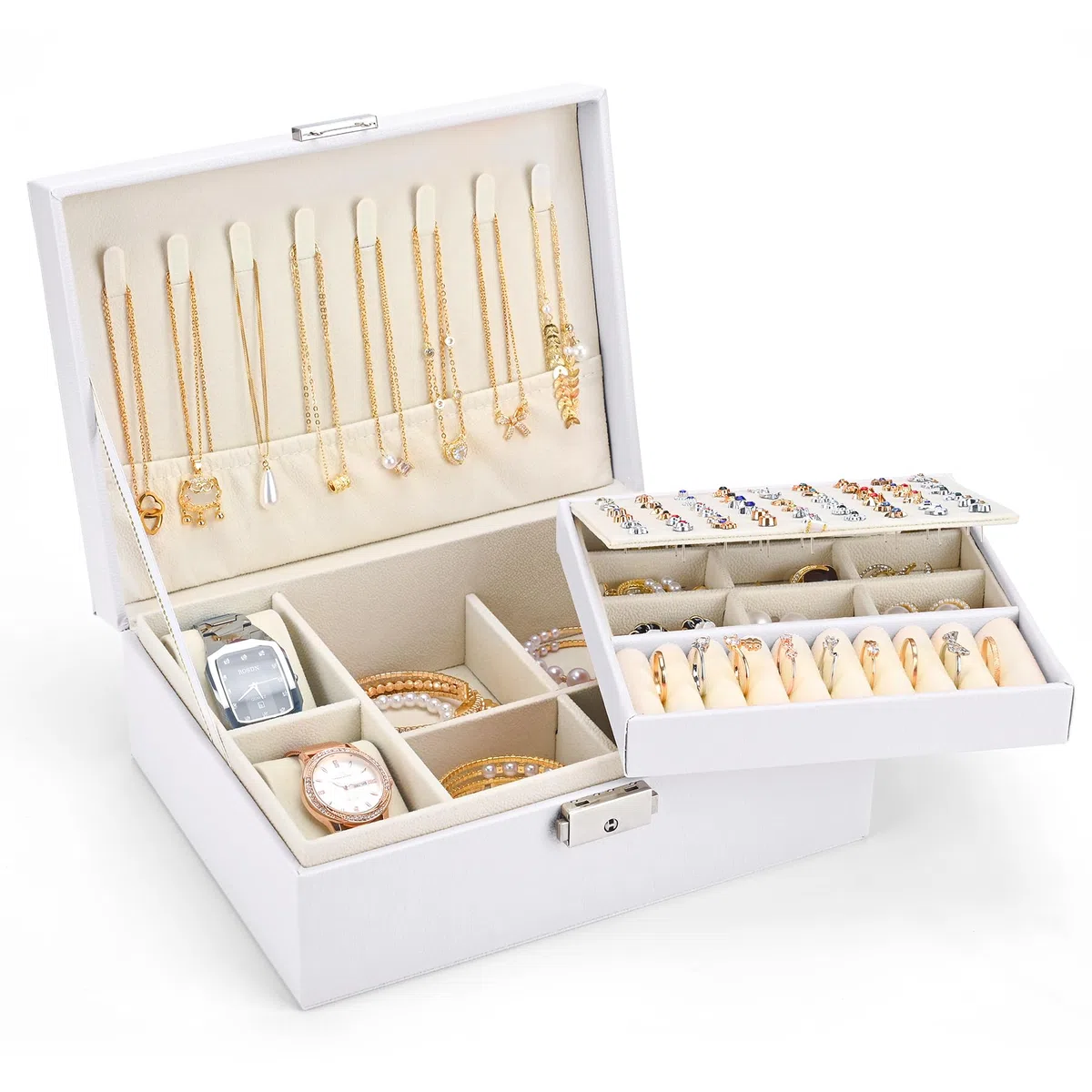 Portagioie Donna Porta Gioie Portagioie Bambina Grande Porta Gioielli Bambina a 2 Strati in Pelle PU Donna da Camera Organizer Gioielli Storing Jewelry Earrings Anelli, Bianco Perla