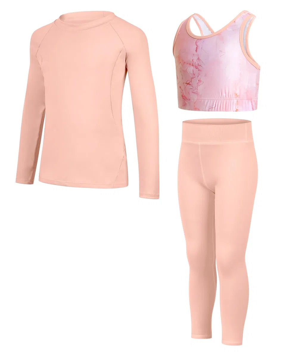 JiAmy Leggings Yoga per Bambina Set 3 Pezzi, Maglie Sportive a Manica Lunga, Top Corto in Stile Crop, Abbigliamento Sportivo per Ragazze 5-12 Anni