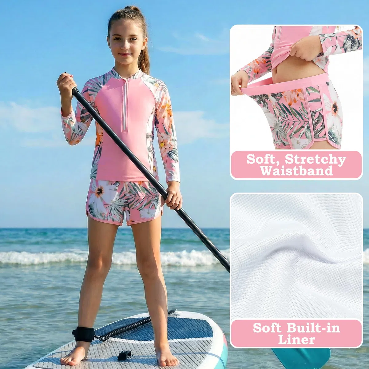 Costume da Bagno Ragazze 2 Pezzi Manica Lunga Rash Guard Protezione Solare, Stampa Floreale Top con Zip e Pantaloncini Morbidi, Costume Piscina Spiaggia Nuoto Bambina per 5-11 Anni