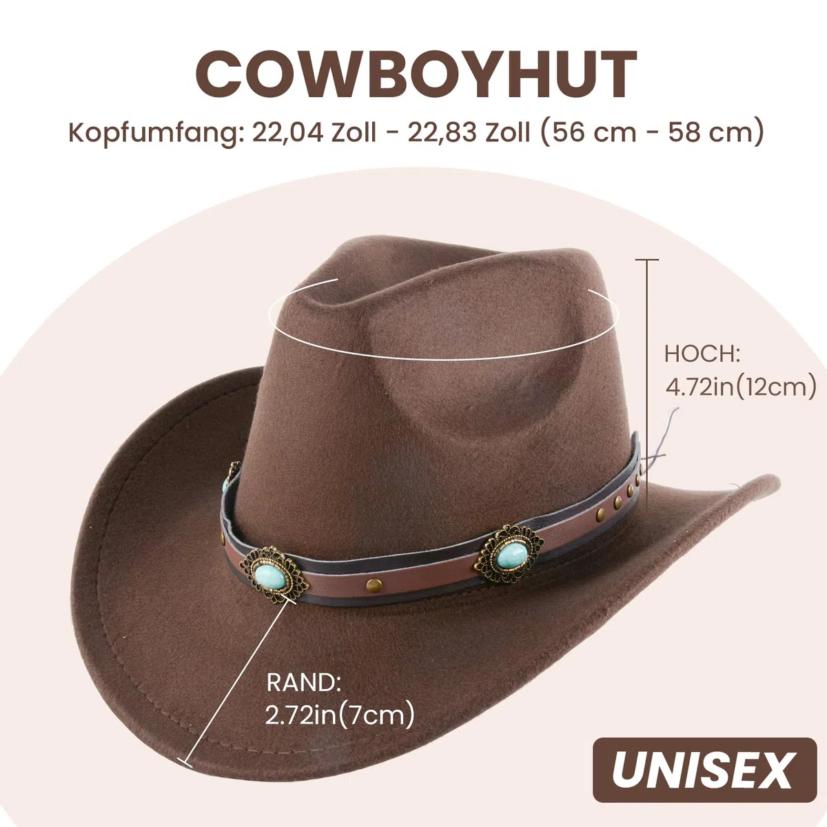 2 cappelli classici in lana da cowboy per uomini e donne, autunno-inverno, stile occidentale, cappello in feltro con cinghia, design decorativo in zaffiro, per esterni (caffè+nero)
