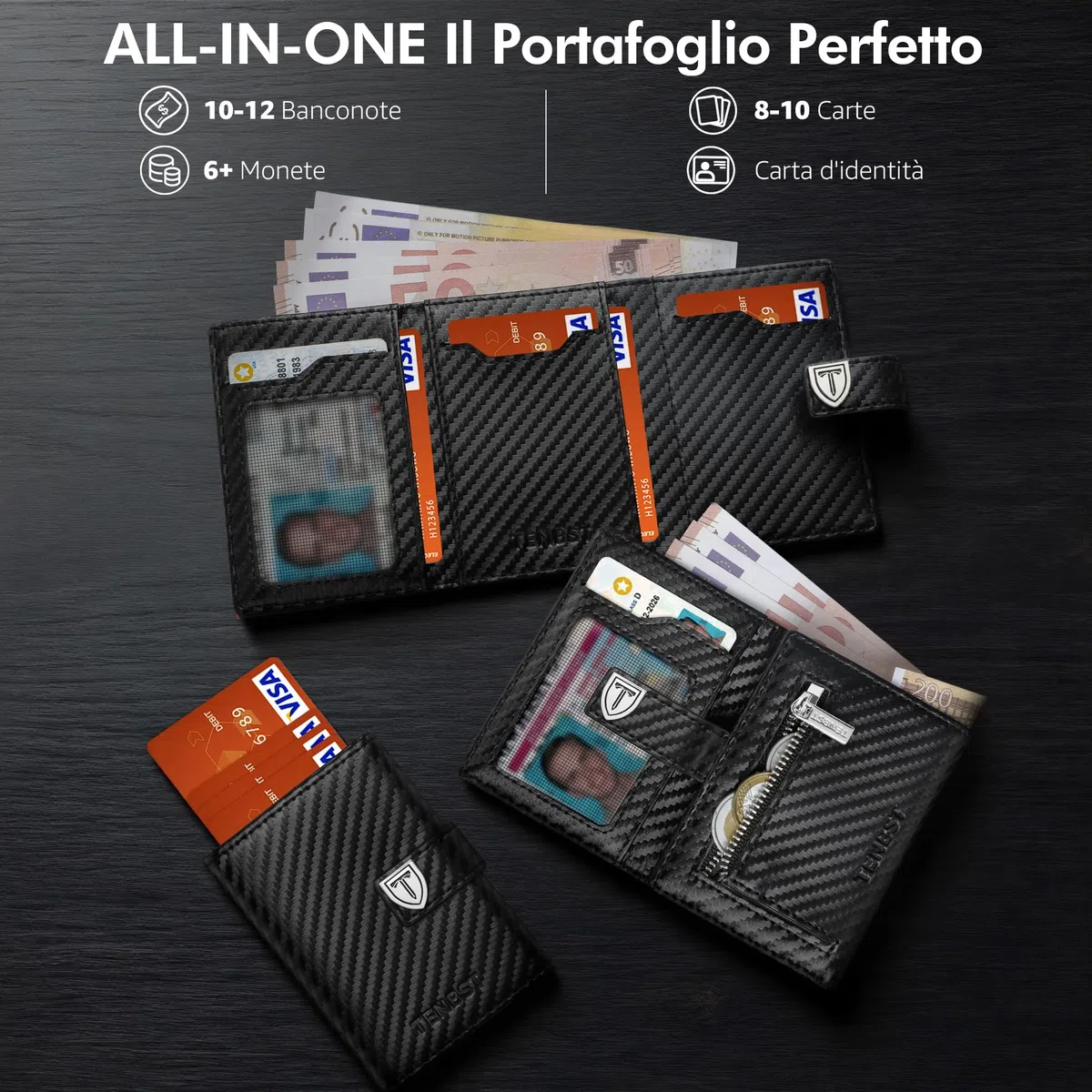 TENBST Portafoglio Uomo - Ultrasottile Pochette Uomo con Tasca Portamonete & Protezione RFID, Porta tessere piccolo premium, Porta carte di credito di lusso per 10 carte di credito (Nero & Arancione)