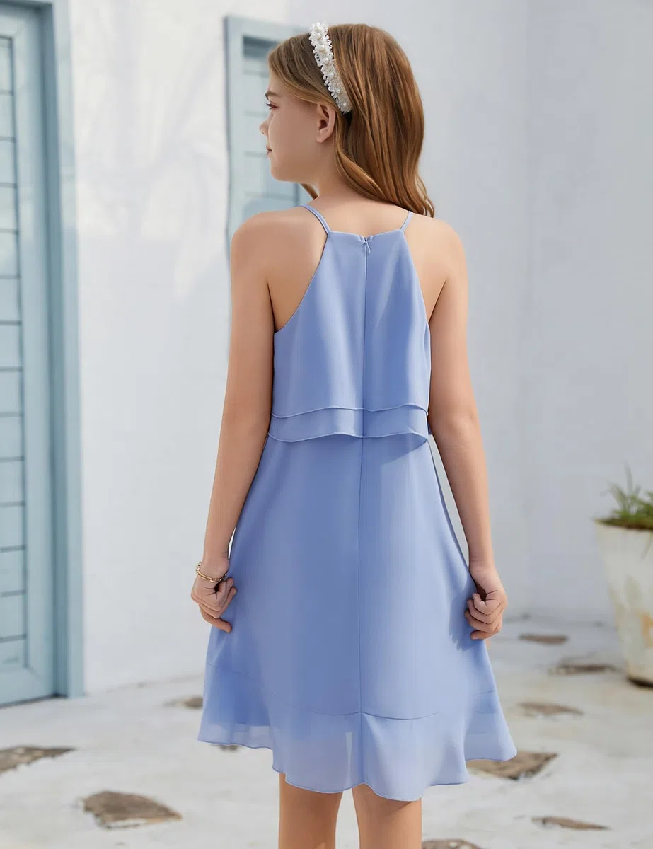 heekpek Abito da Ragazza Senza Maniche Estate Chiffon Vestito Bambina Volant Elegante Abiti da Festa per Ragazza 6-15 Anni