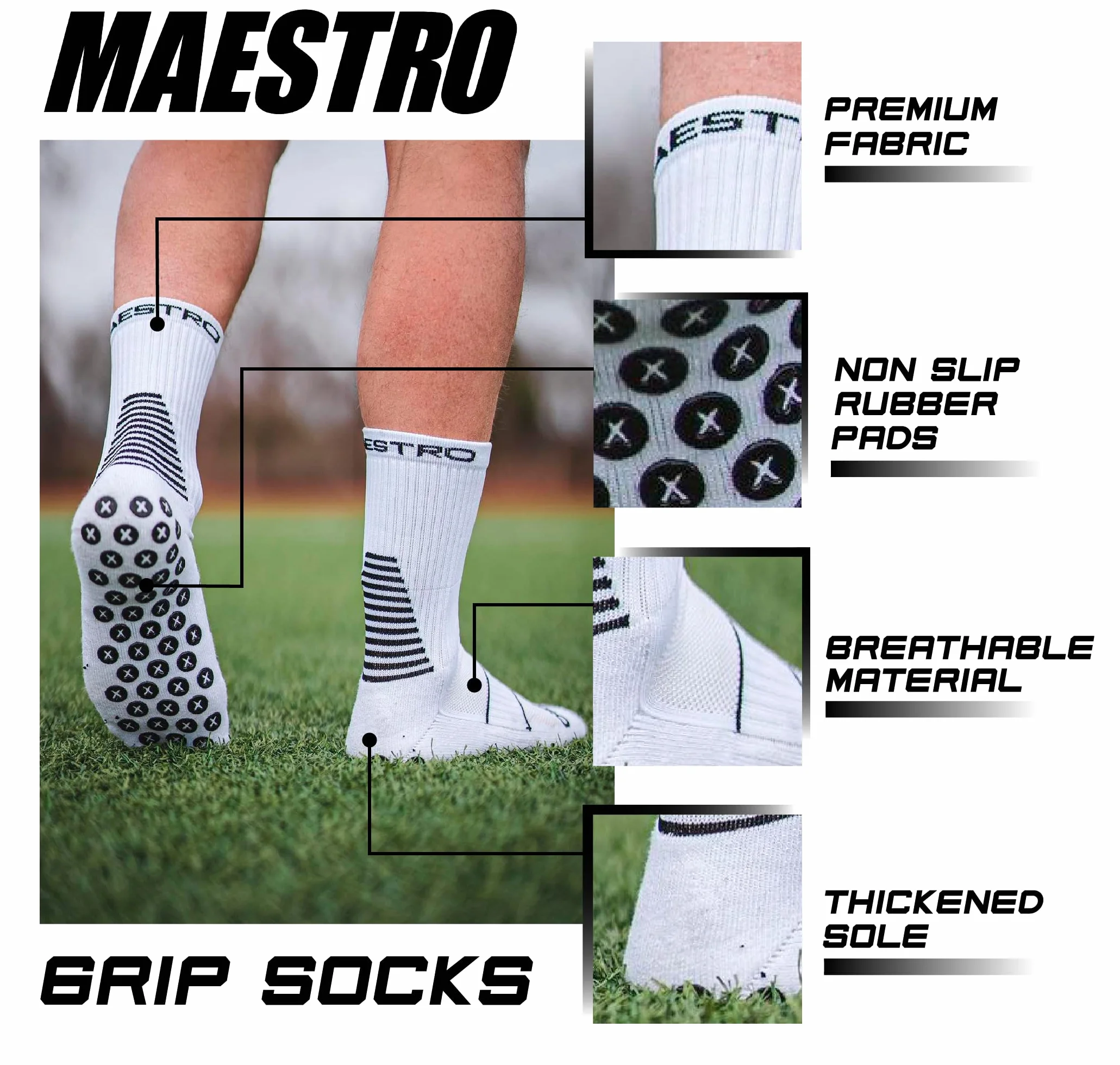 MAESTRO SPORTSWEAR Gsk-CW Maestro Grip Socks-Calzini Antiscivolo da Uomo, Basket, Hockey, Calcio