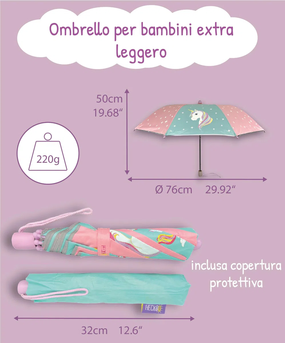 HECKBO Magic Ombrello per bambini - motivi diversi - cambia colore in caso di pioggia - ombrello pieghevole: si adatta a qualsiasi zaino scolastico
