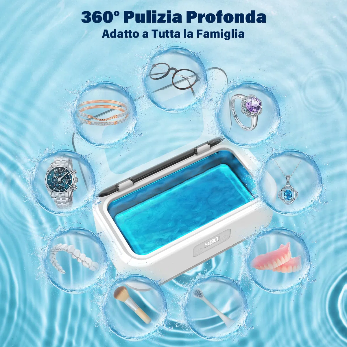Pulitore Ultrasuoni 800ML, Lavatrice Ultrasuoni Olubfdh, Vasca Ultrasuoni 49KHz,Portatile 360°Ultrasonic Cleaner Gioielli per Protesi, Occhiali, Orologi