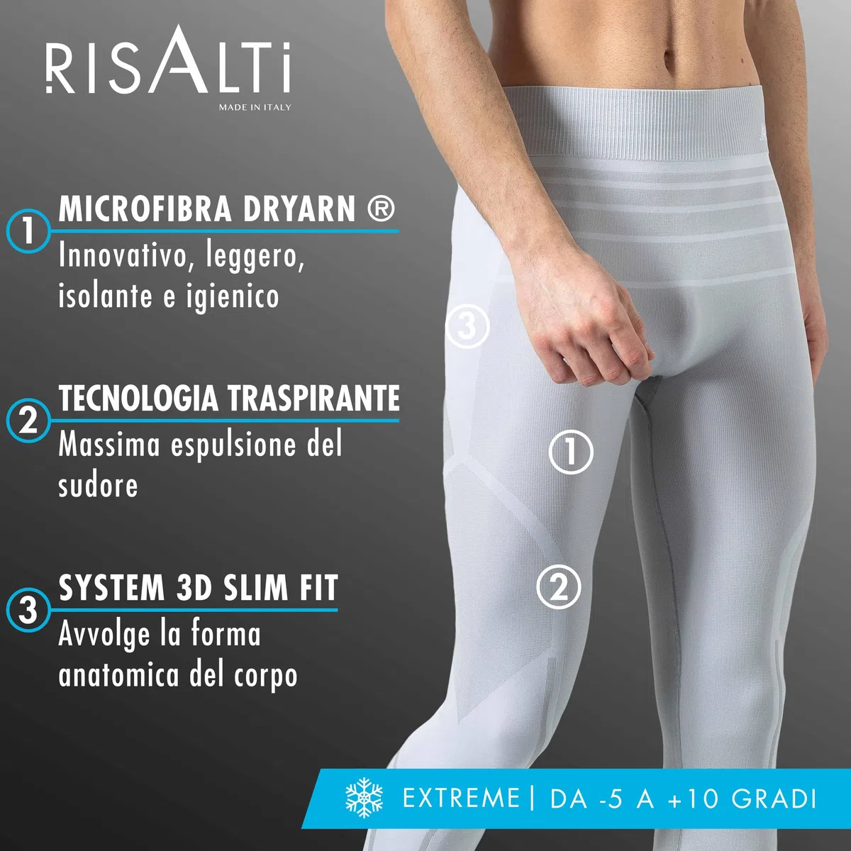 Risalti Pantaloni Termici Uomo Donna Extreme Unisex - Leggins Termici Donna Invernali, Abbigliamento Termico Uomo - Tecnico Traspirante, Elasticizzato Senza Cuciture - Made in Italy