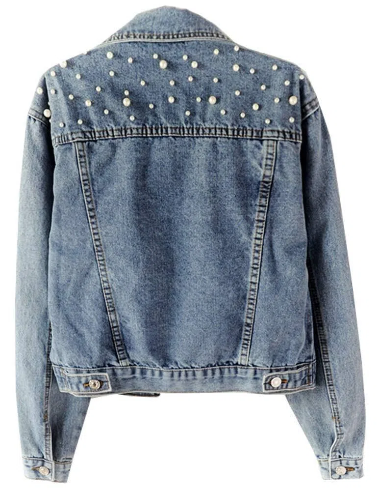 Giacca in Denim con Perle da Donna Giacca in Denim Vintage da Donna Giacca in Denim Elasticizzato con Maniche Lunghe e Tasca Giacca in Denim con Perline e Diamanti