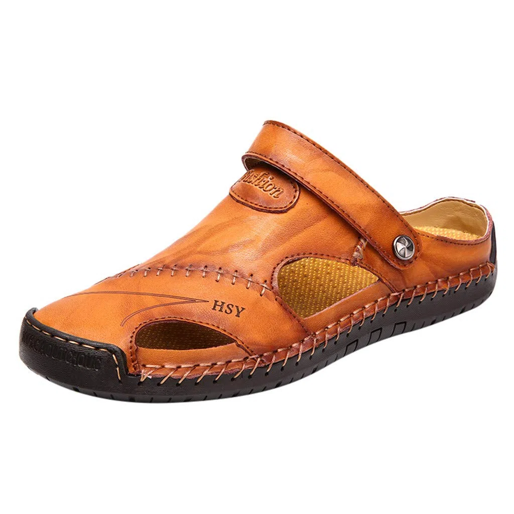 Sandali estivi da uomo, sandali casual in pelle, scarpe da spiaggia all'aperto, in pelle, sandali da trekking all'aperto, dita chiuse, casual, sandali da passeggio, spiaggia, sandali estivi per