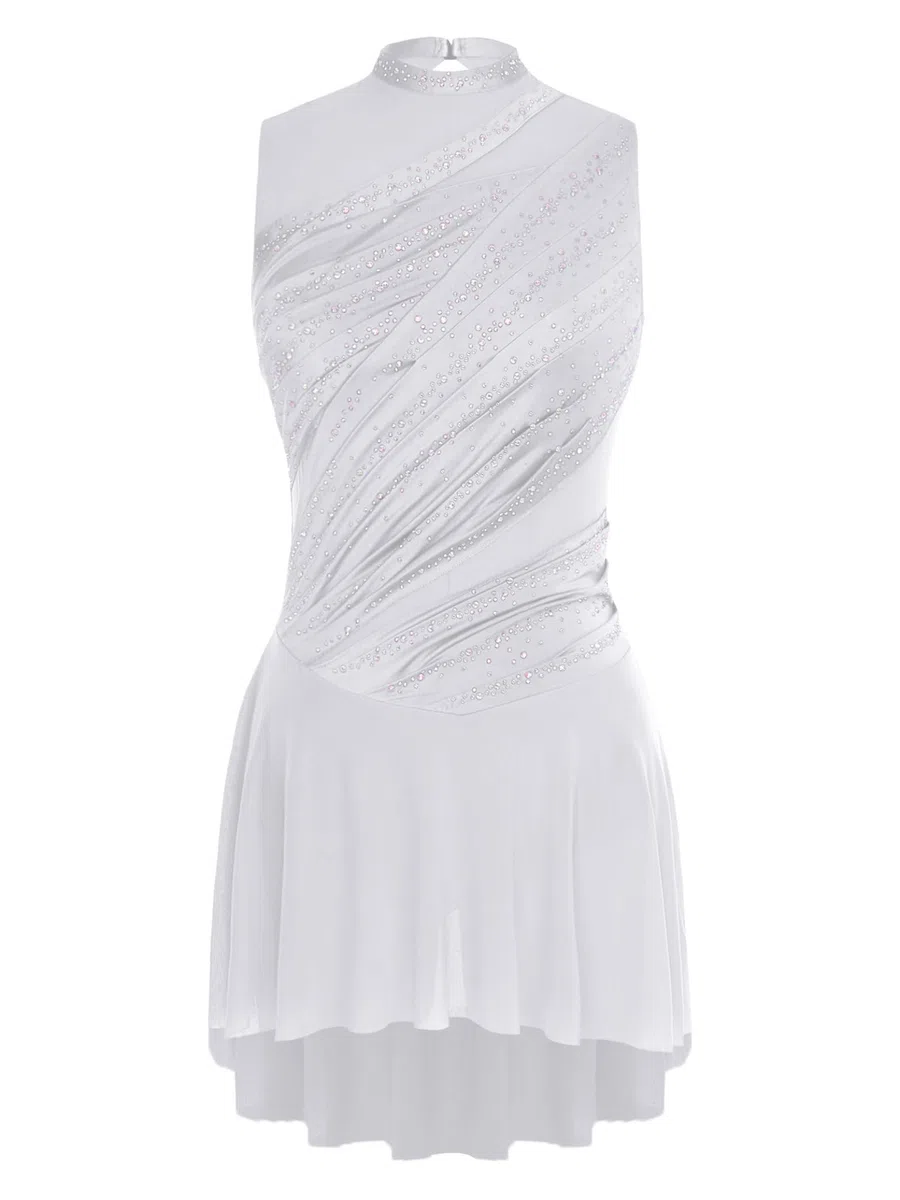 Vestito da donna Danza Pattinaggio Artistico Body Ginnastica Strass senza maniche Costume Danza Concorso Contemporaneo