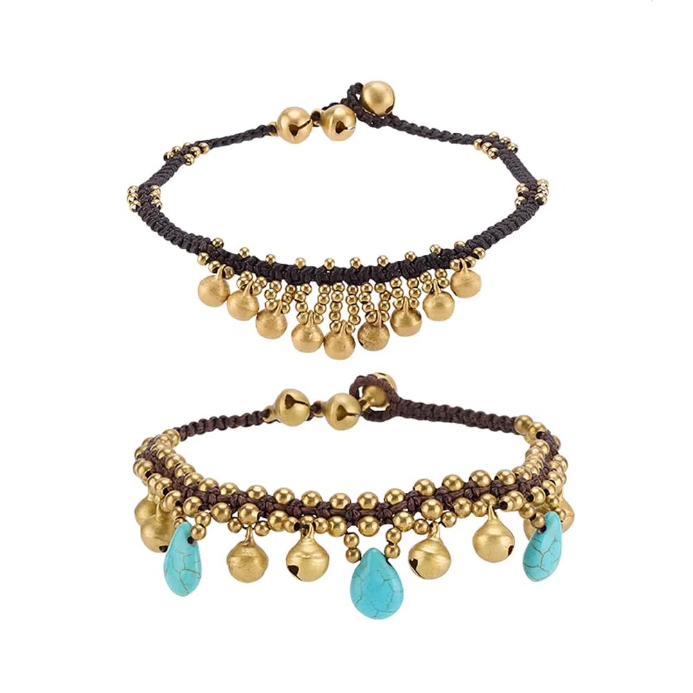 PH PandaHall Bracciali Caviglia Bohemien 2 pz Cavigliere Campana Cavigliere Indiane Oro Turchese Goccia per Caviglie per Donne Adulti Estate Spiaggia Gioielli, 24cm