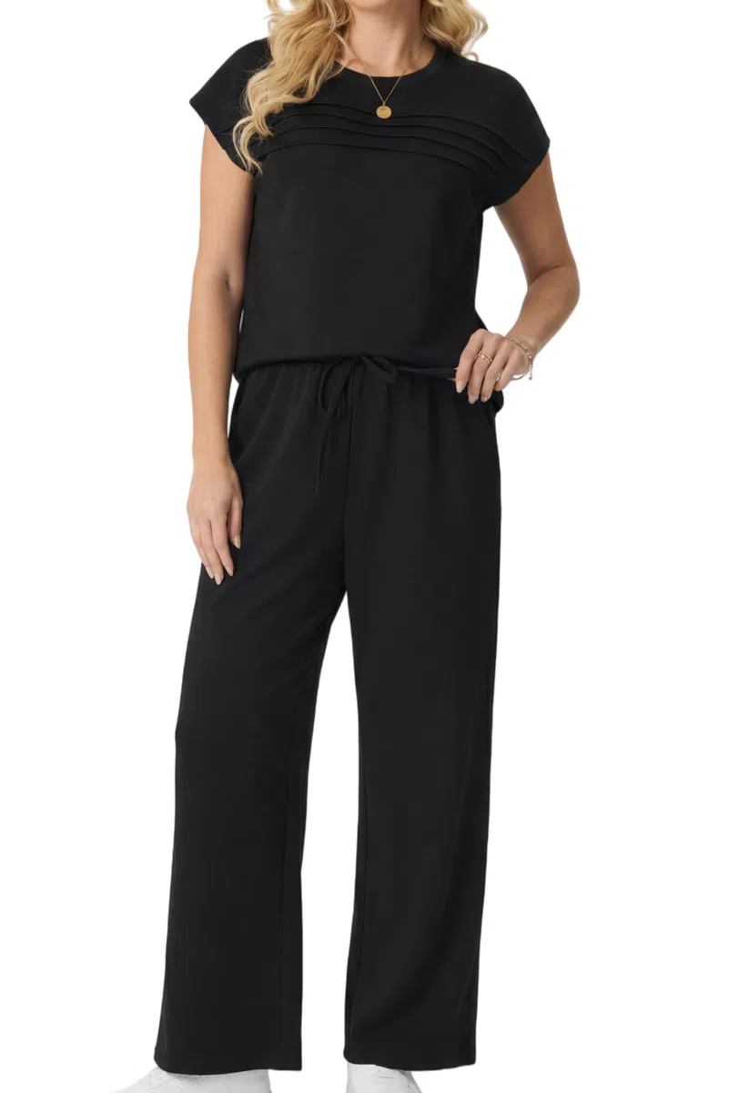 GRECERELLE Tuta da donna estiva da viaggio in due pezzi tuta da donna set completo a maniche corte casual girocollo manica ad aletta anteriore Plisse set abbinati pantaloni a gamba larga