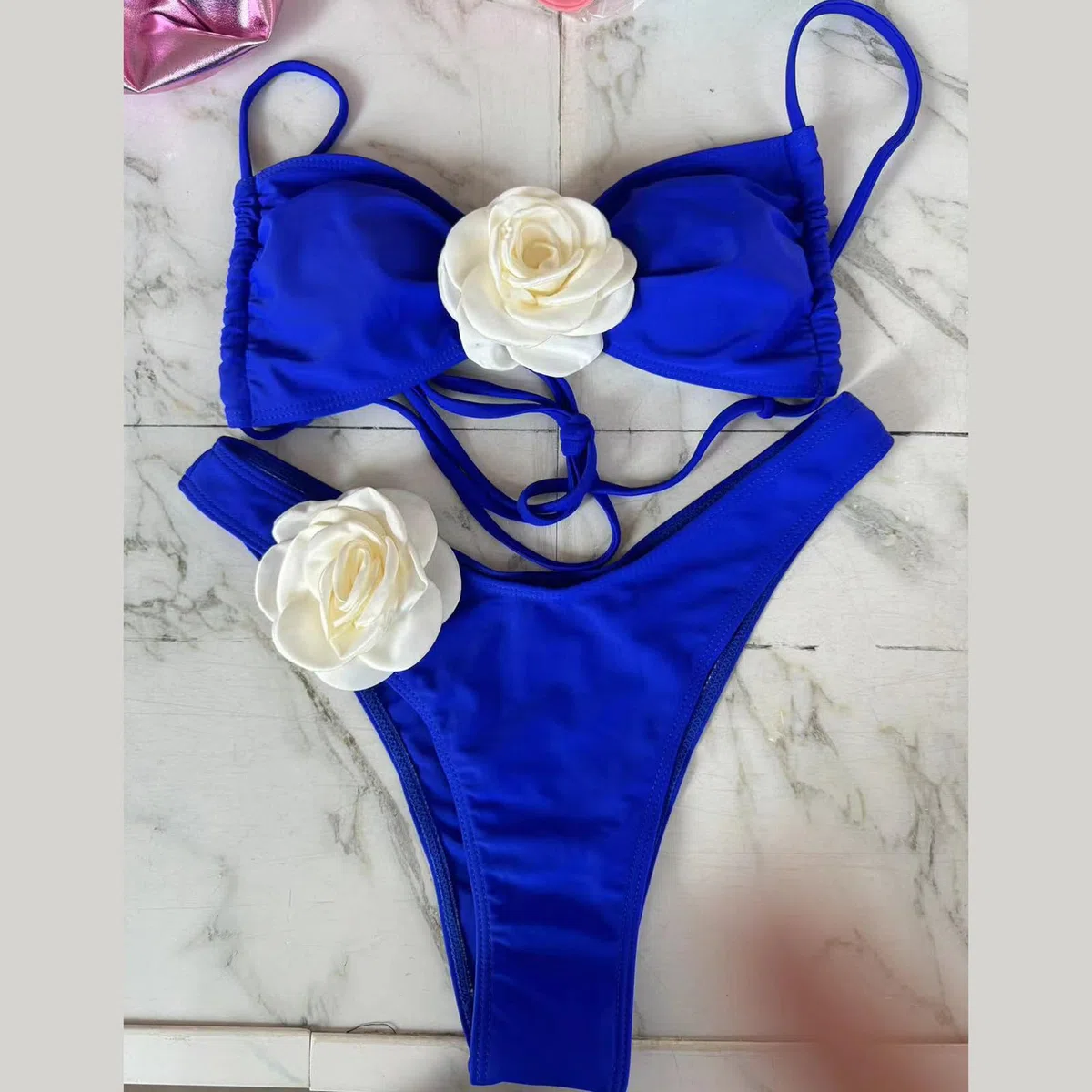 Costumi da bagno da donna a due pezzi con fiori 3D, taglio alto, push-up, costumi da bagno con spacco, per costumi da bagno da spiaggia