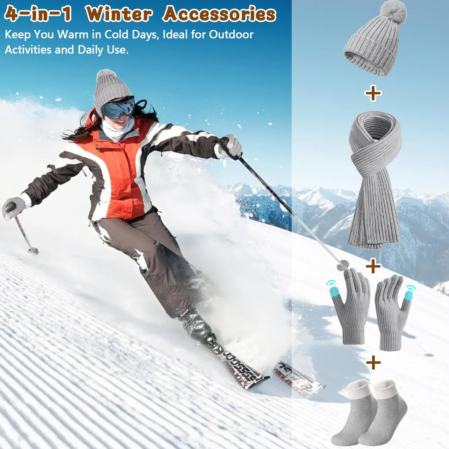 Set Cappello Guanti Sciarpa Invernale, 4 Pezzi Cappello e Scaldacollo Guanti Touch Screen Calzini, Set Regalo Berretto Sci Caldo Lavorato Maglia Spessa per Donne Sport All'Aria Aperta Invernali