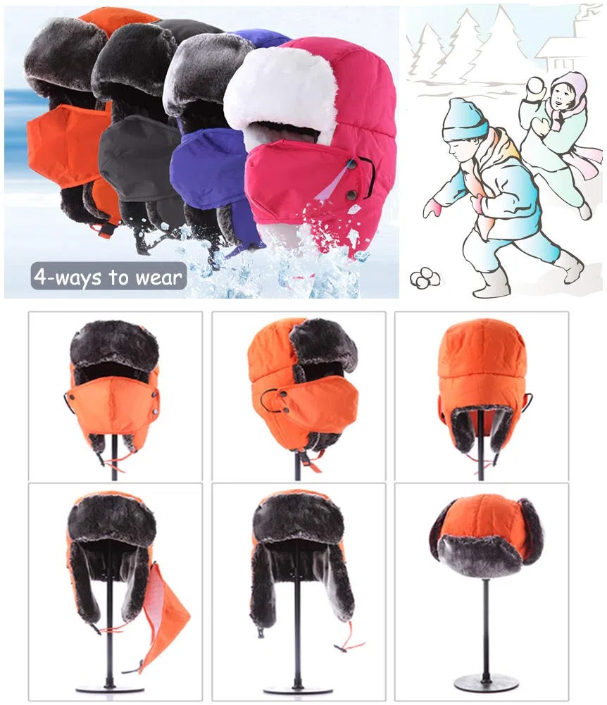 Cappello Invernale Unisex per Bambini dai 5 ai 15 Anni, Foderato in Pelliccia Termica con Aletta per Le Orecchie, Antivento, Copertura per la Bocca, Neve, Sci, Snowboard, Bomber, Bambino, Nero