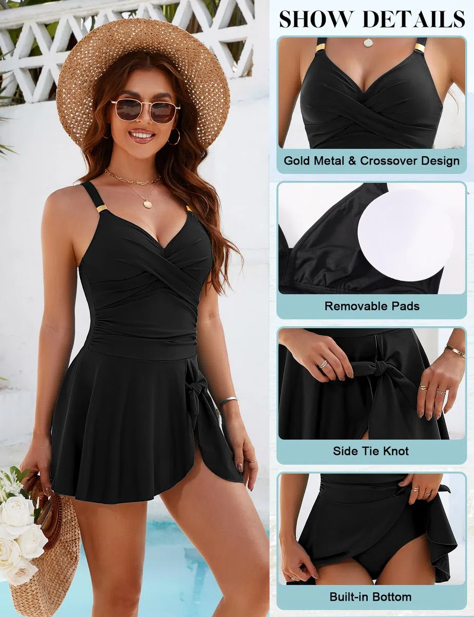 Nadeer Costume da Bagno Intero Donna Elegante Push Up Swimwear Scollo a V Swimdress Controllo della Pancia Spiaggia Estate Beachwear