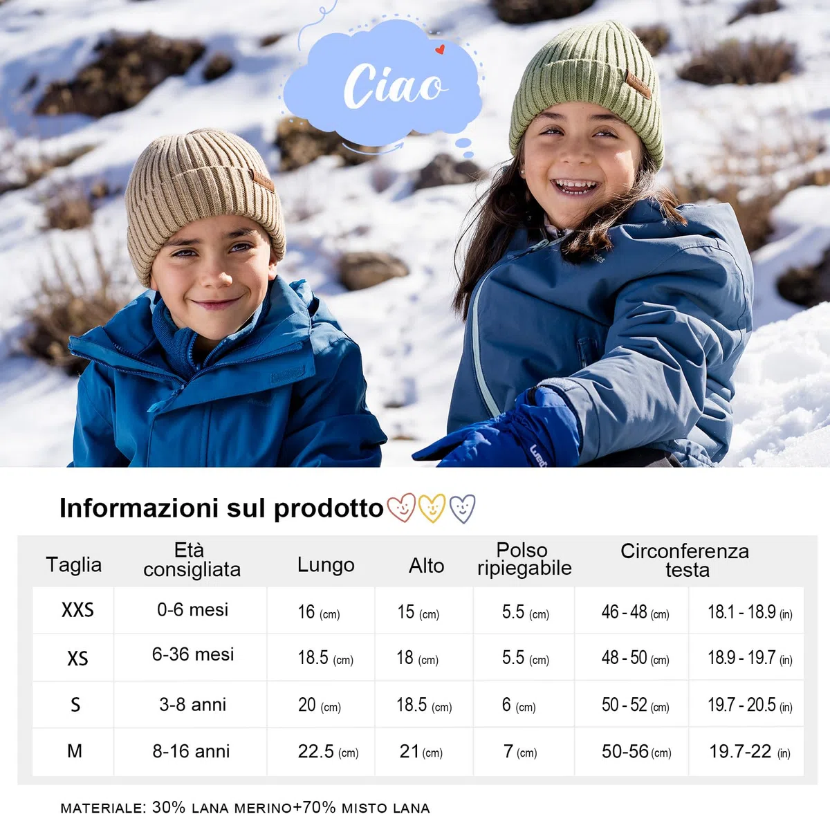 Cappello Bambino Bambina Lana Merino Berretto Invernale Liner Cappelli Termico Ragazzo Ragazza