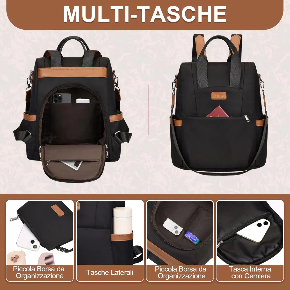 Eshow Zaino Donna Antifurto, Zainetto Elegante con Tracolla, Borsa Zaini 3 in 1 per Viaggio Scuola Lavoro Shopping Università