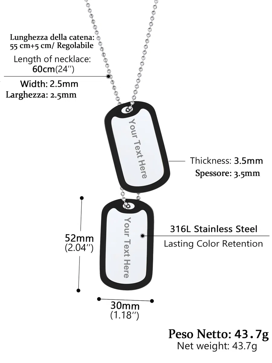 PROSTEEL Collana Uomo, Collana Militare Personalizzata, Piastrine Dog Tag, Incisione Laser, Catena Palla 55+5 CM, Ciondolo Targhetta dell'Esercito, Militare ID Targhetta(con Confezione)