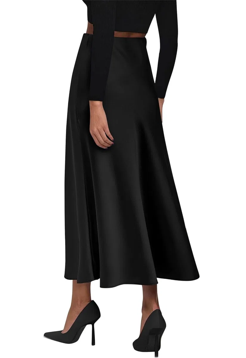 Genfien Gonna Donna Lunga Raso Vita Alta Elegante Seta Gonna a Vita Elastica con Zip Elastica Solida Colore Gonna Festa Estate Casual Leggero Senza Fodera
