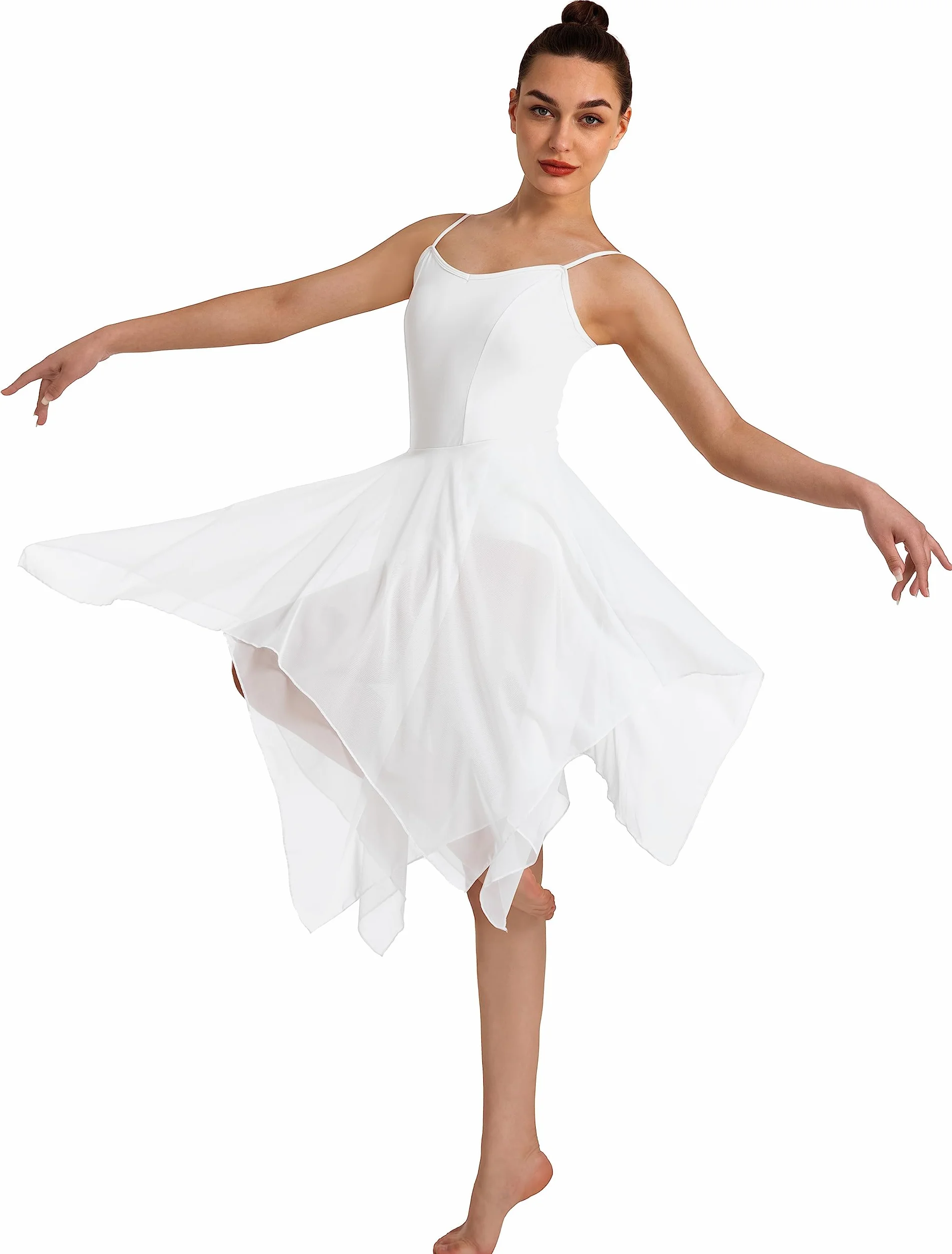 Donne Moderno Abito Lirico Camisole Dance Costume Balletto Asimmetrico High-Low Mesh Gonnato Senza Maniche Leotard Ginnastica Body da Danza Vestito da Balletto Classica Leotard