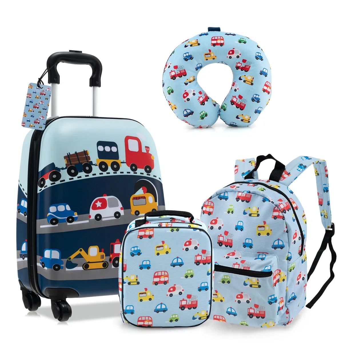 GYMAX Set Valigie per Bambini da 5 Pezzi con Trolley 38 cm, Zaino 33 cm, Cuscino per il Collo, Borsa per il Pranzo Isolata, Etichetta per Bagagli, per Viaggio Scuola (Auto)