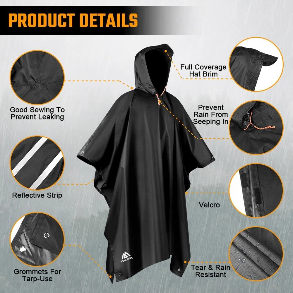 flintronic Poncho Impermeabile, Multi-Funzionale Riutilizzabile Poncho Pioggia con Cappuccio per Trekking Antipioggia Coperta da Picnic Tenda per Uomo e Donna