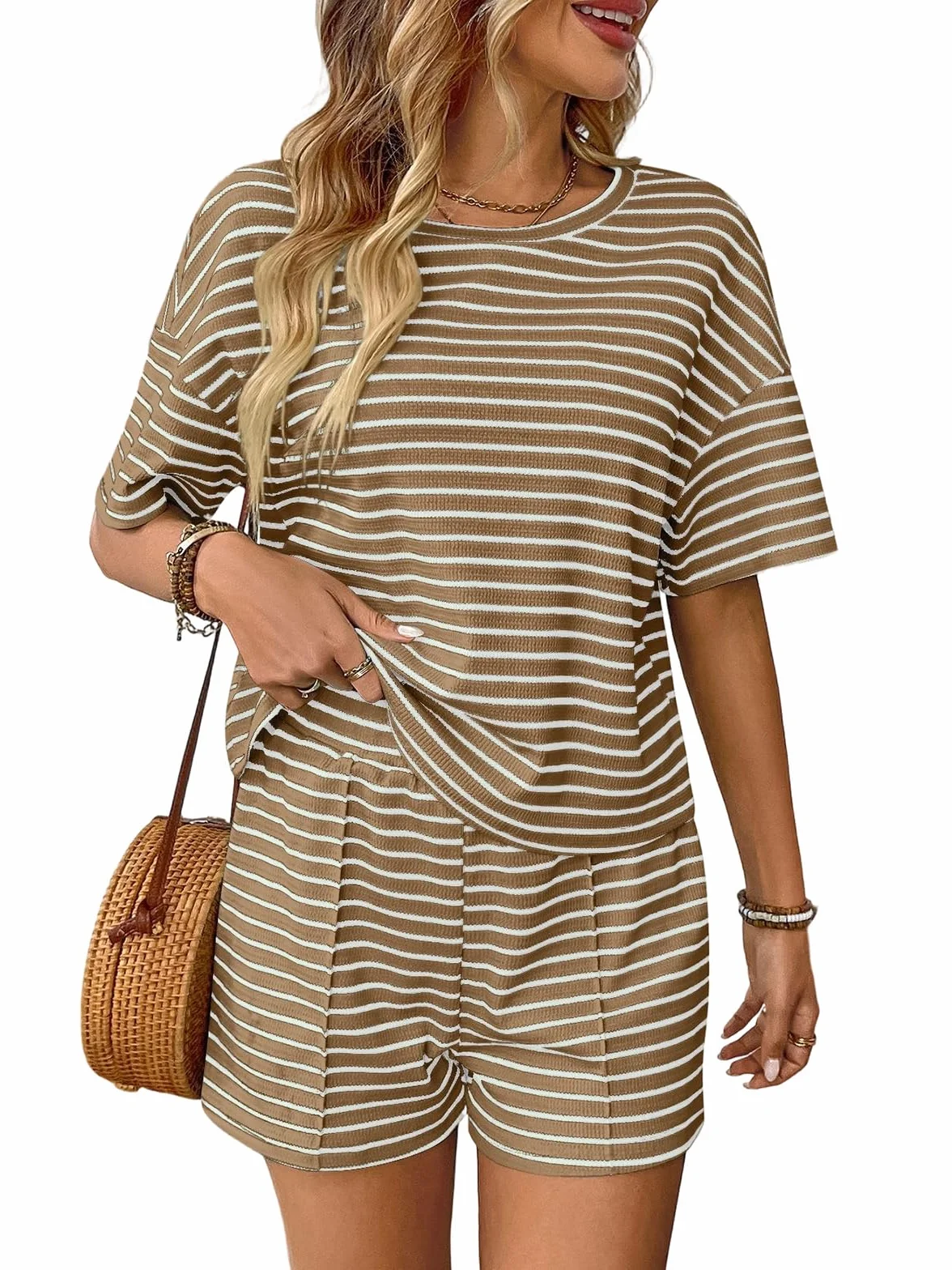 Tuta Donna Sportiva Completi Estivi Donna 2 Pezzi Elegante a Righe Spiaggia Set Pantaloncini Corto e Maglietta Casual
